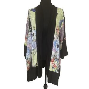 CITRON Sz M Open Kimono Silk‎ Blend Blue Boho Artsy Lagenlook Floral Butterflies